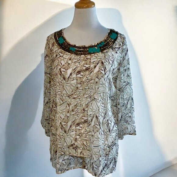 Chicos Womens Round Beaded Neck Quarter Sleeve Tan Geometric Sheer Blouse Medium - Picture 9 of 10